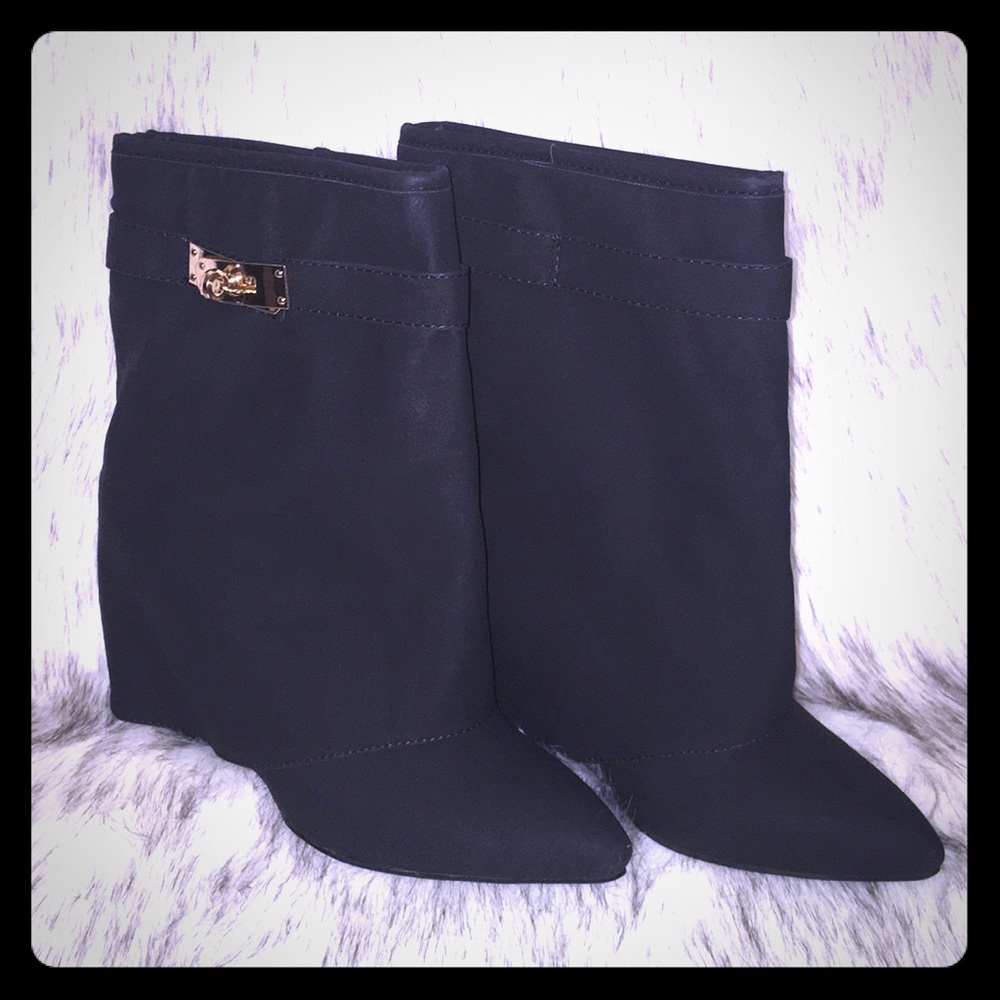 Black Fold Over High Heel Wedge Ankle Booties